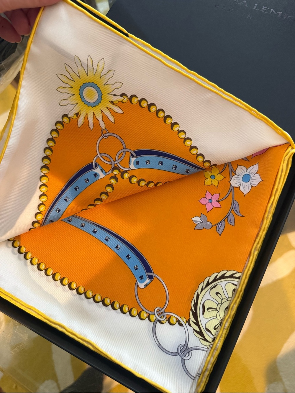 NEW Carolina Lemke Mulberry Silk Floral Butterfly Scarf in Orange Blue - Picture 4 of 7